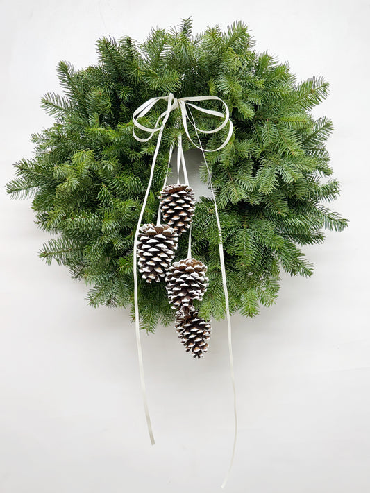 Fresh Evergreens White Ribboned Pine Cones Wreath