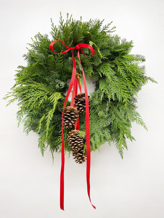 Fresh Evergreens Red Ribboned Pine Cones Wreath