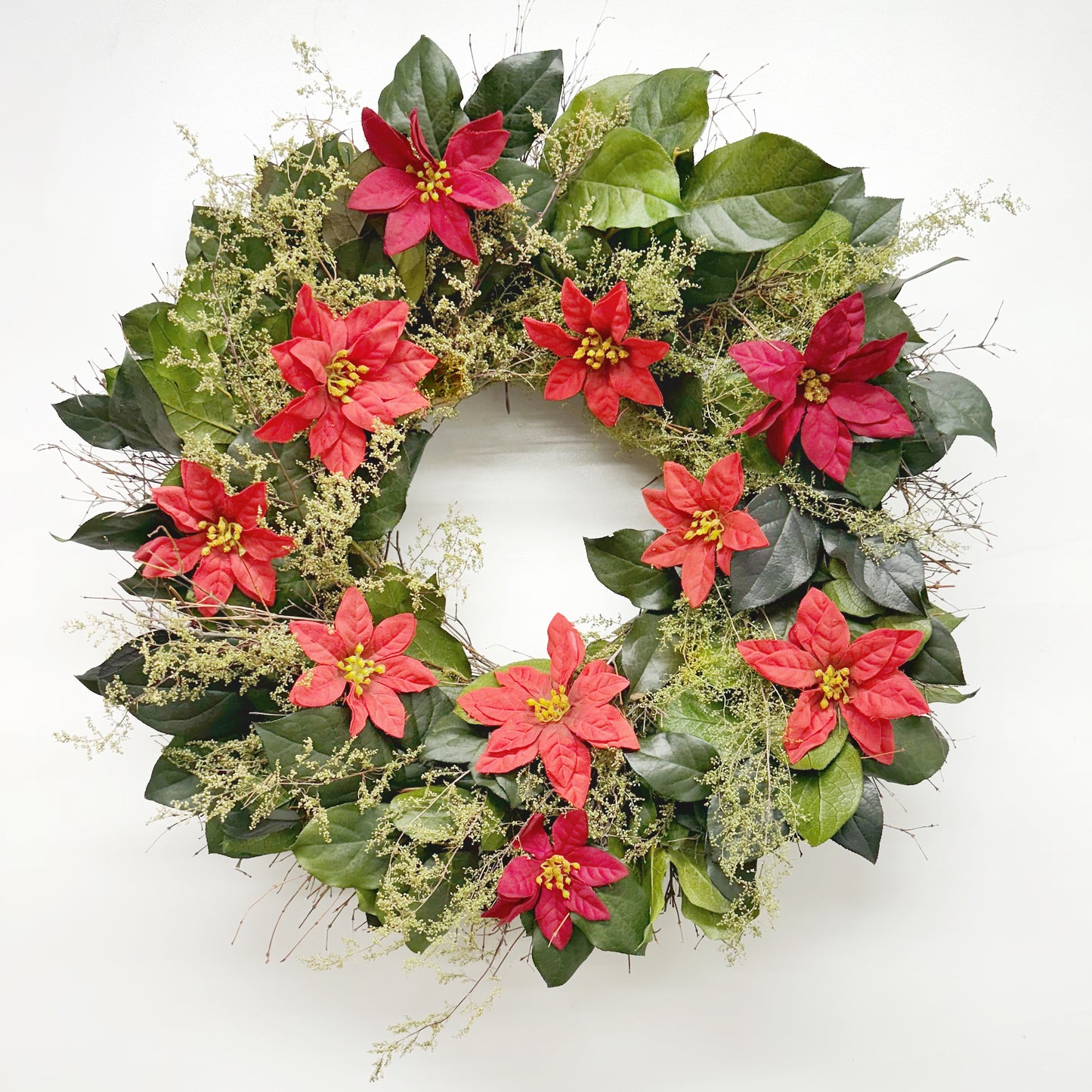 Dried and Preserved Leaves and Faux Poinsettia Wreath