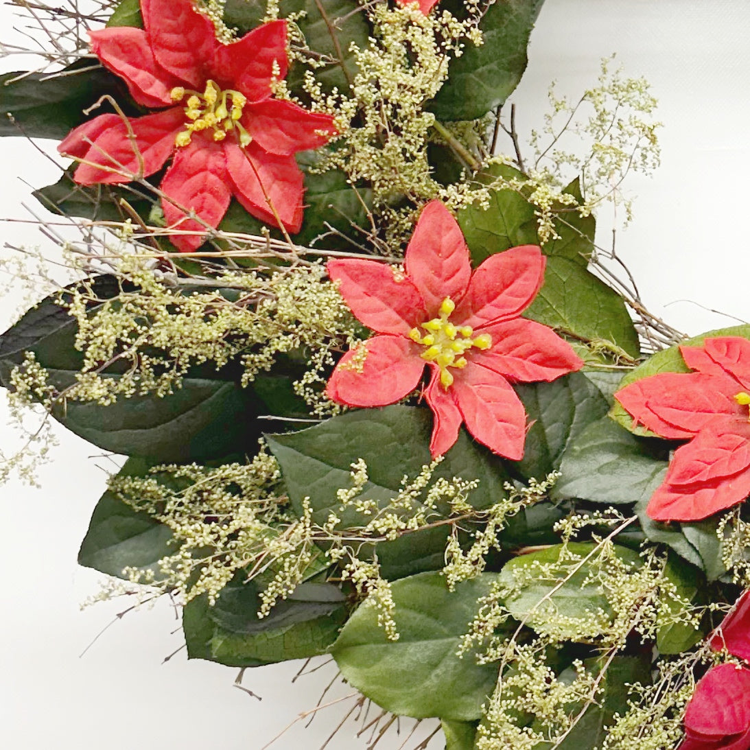 Dried and Preserved Leaves and Faux Poinsettia Wreath