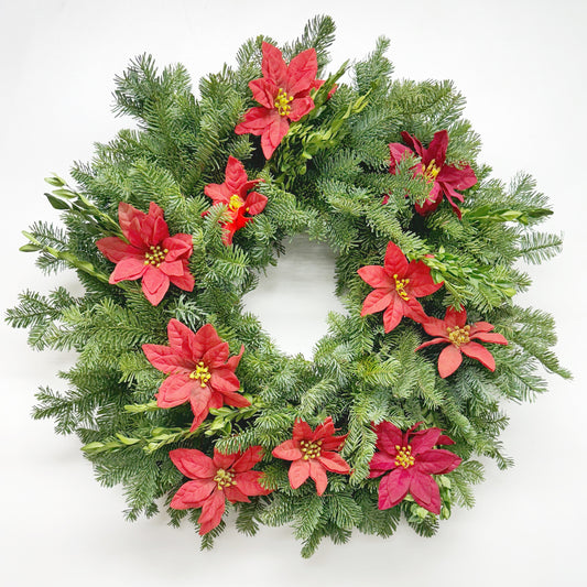 Fresh Evergreens and Faux Poinsettia Wreath