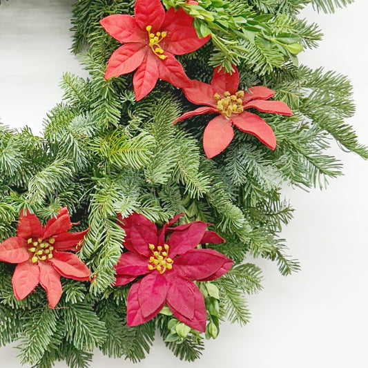 Fresh Evergreens and Faux Poinsettia Wreath