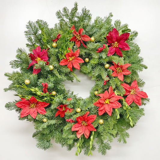 Fresh Evergreens and Faux Poinsettia Glimmer Wreath