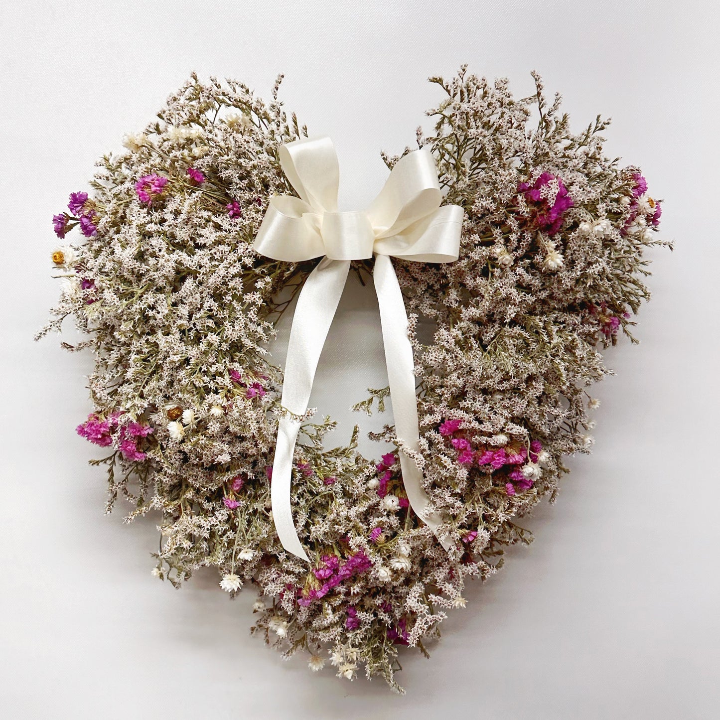 Dried Ivory Satin Bow Heart Wreath